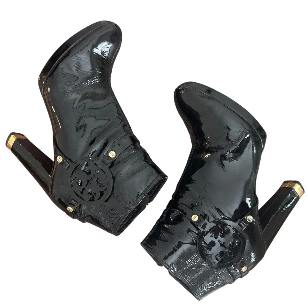 Tory Burch Whitney Booties Black Patent Leather Logo Platform Size 8